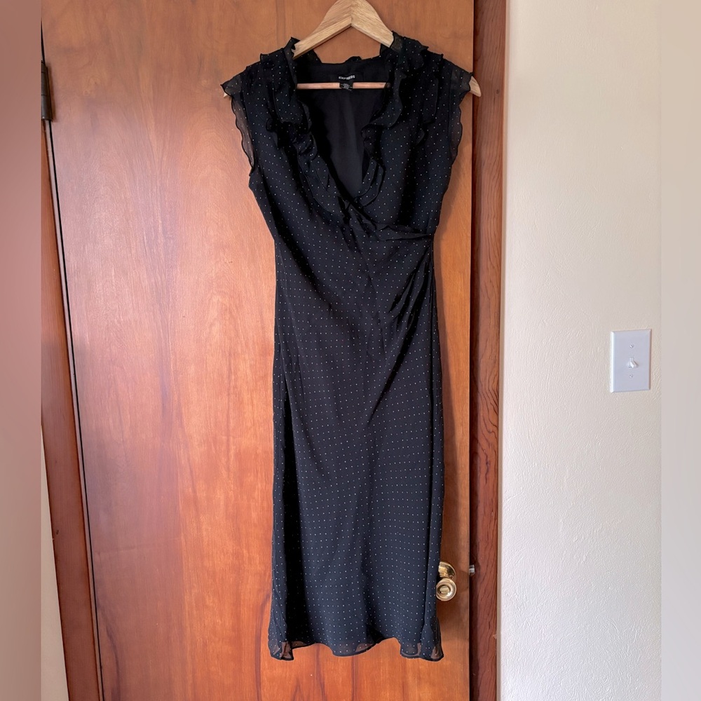Express Polka Dot Midi Dress with Ruffle Detail and V Neck, SZ 5/6